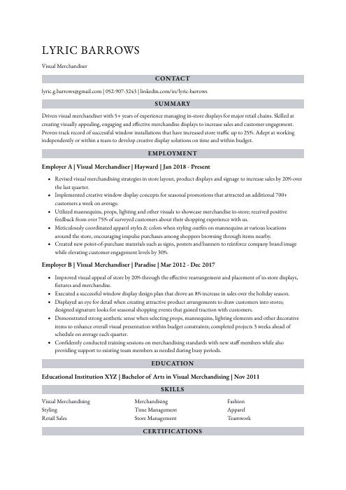 Visual Merchandiser Resume (CV) Example and Writing Guide