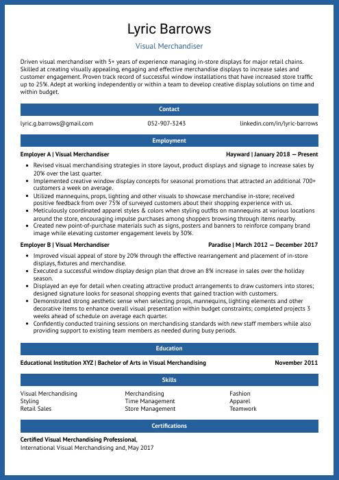 Visual Merchandiser Resume (CV) Example and Writing Guide