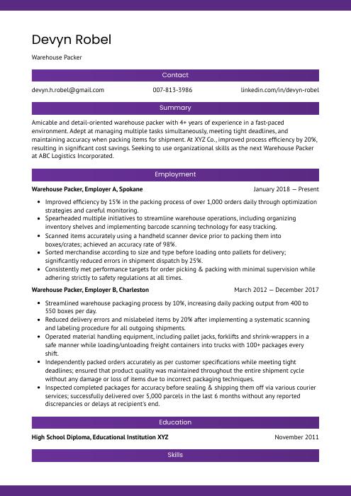 Packer Resume Samples