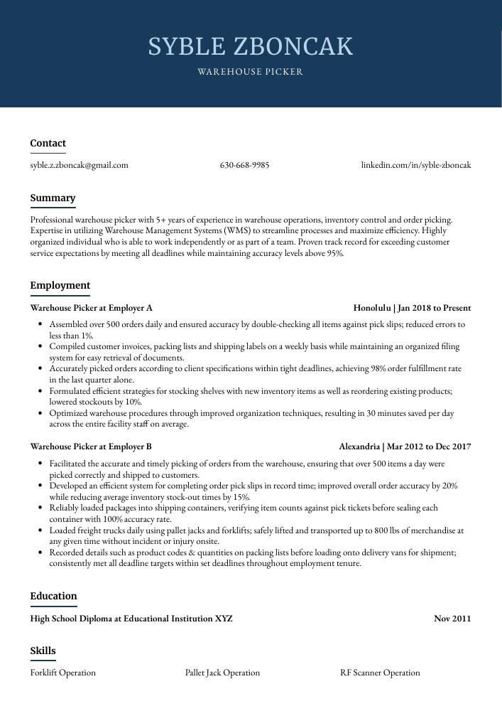 Warehouse Picker Resume