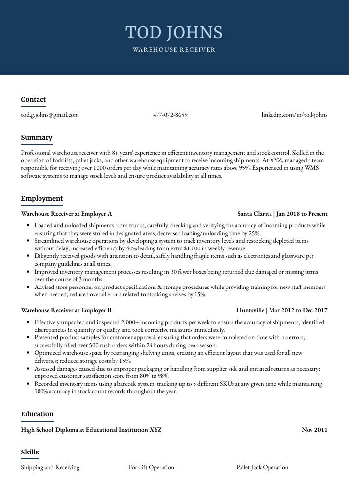 Warehouse Receiver Resume