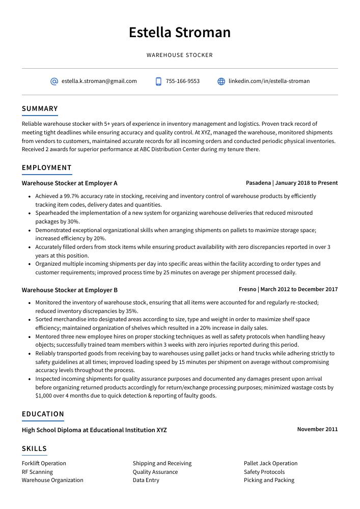 Warehouse Stocker Resume (CV) Example and Writing Guide