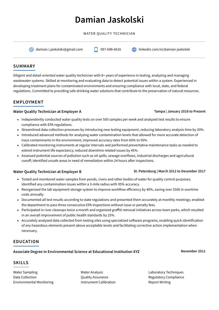 Water Quality Technician Resume