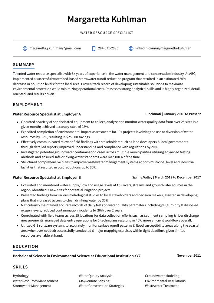 Water Resource Specialist Resume