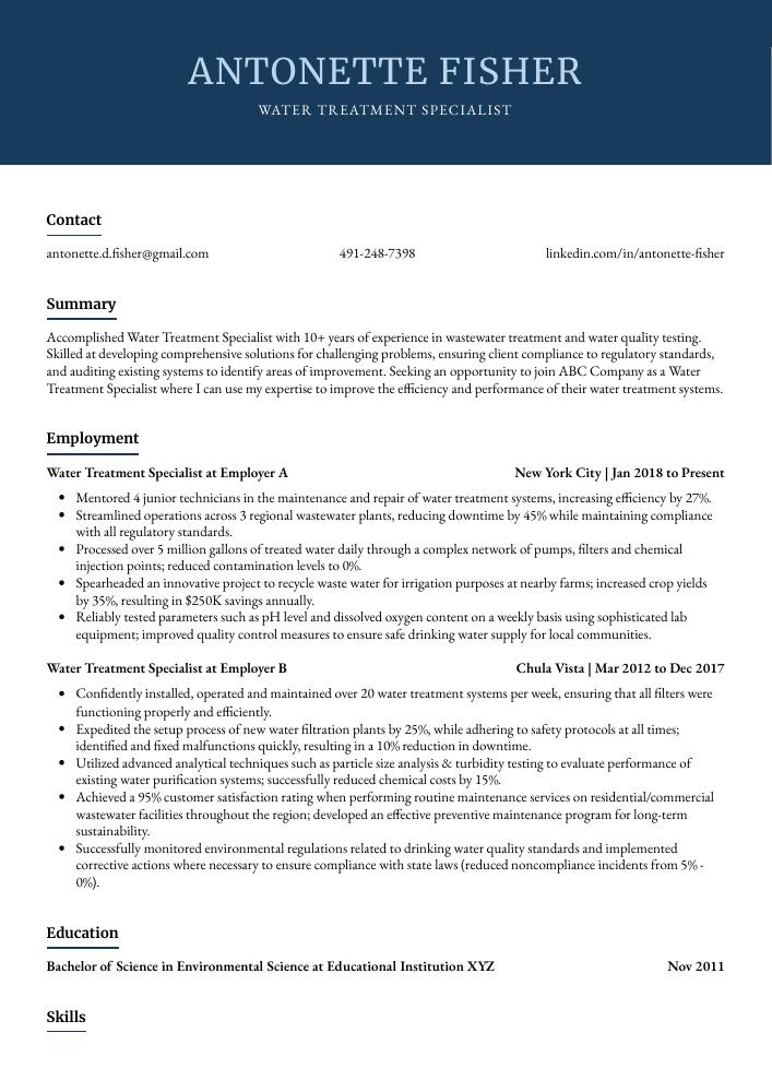 Water Treatment Specialist Resume