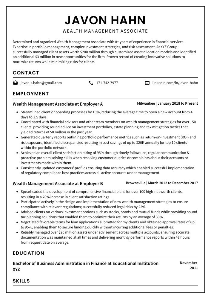 Wealth Management Associate Resume