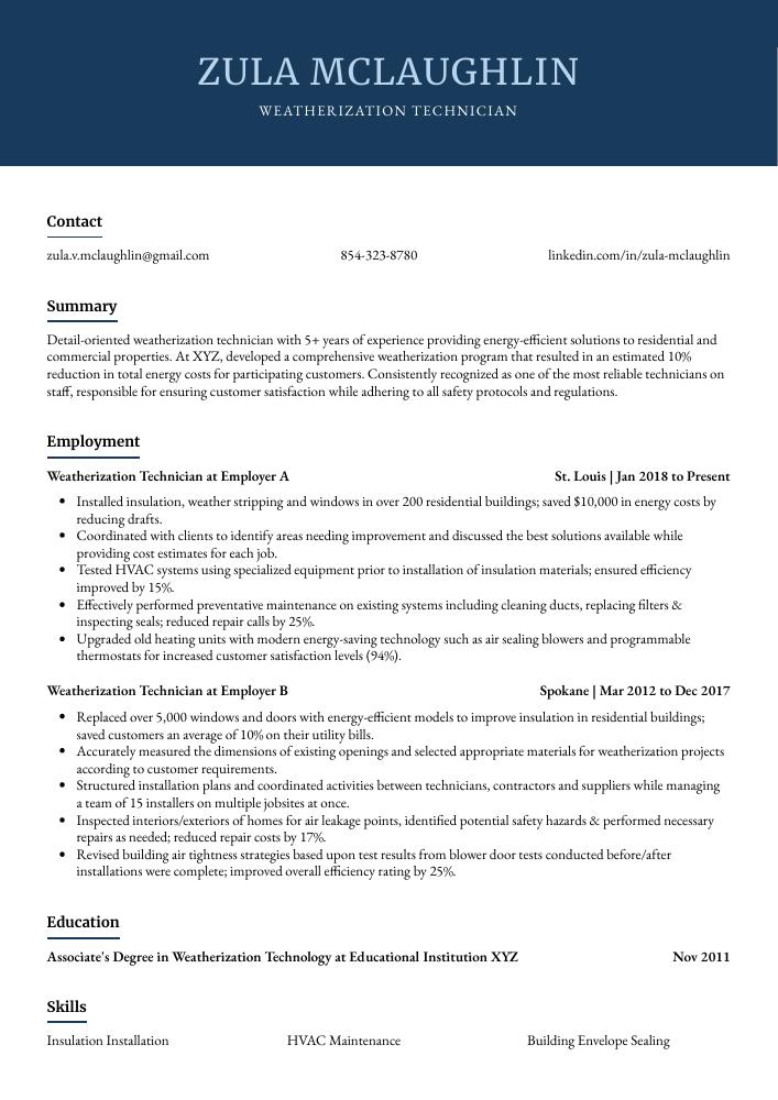 Weatherization Technician Resume