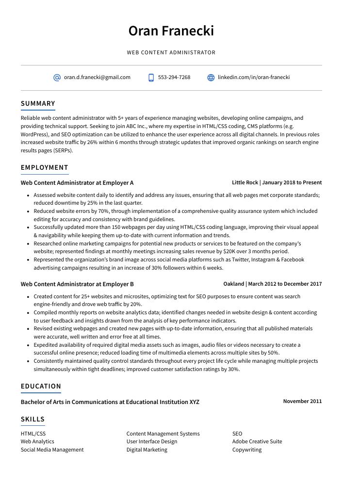 Web Content Administrator Resume