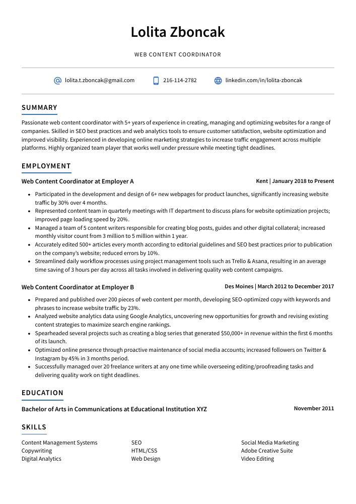 Web Content Coordinator Resume