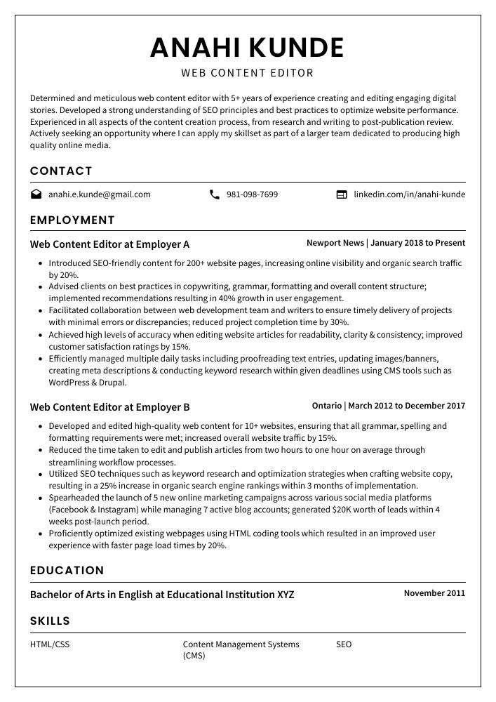 content writing skills for resume