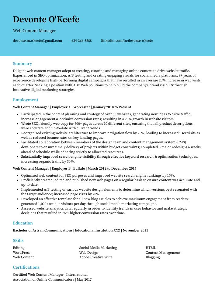 Web Content Manager Resume