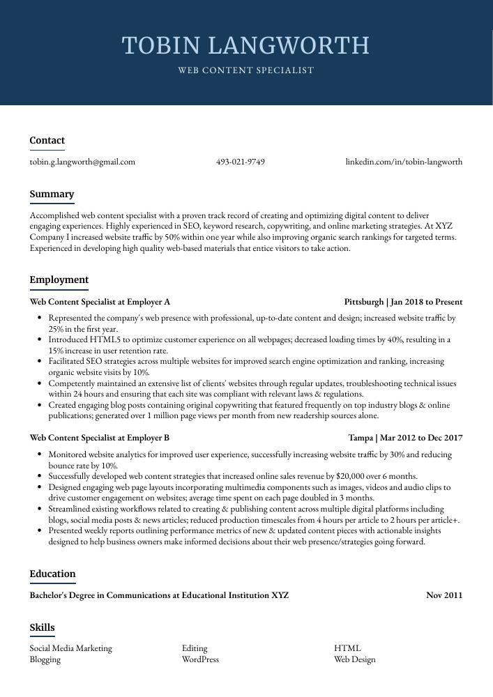 Web Content Specialist Resume