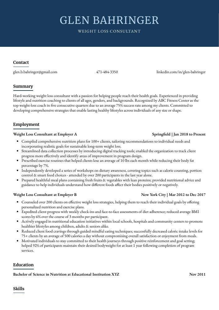 Weight Loss Consultant Resume