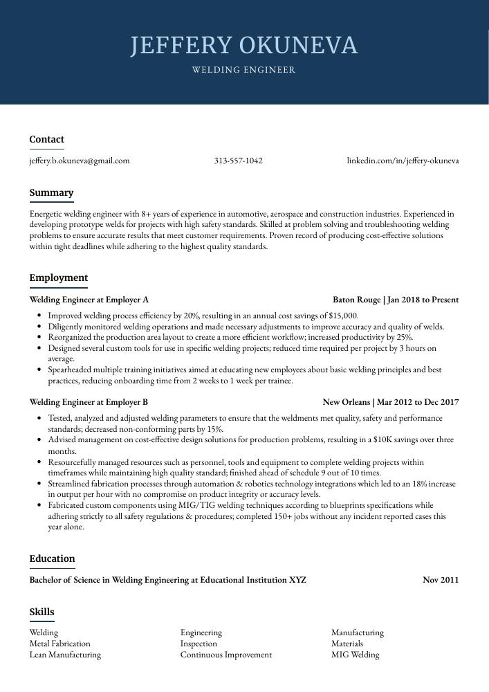 Welding Engineer Resume