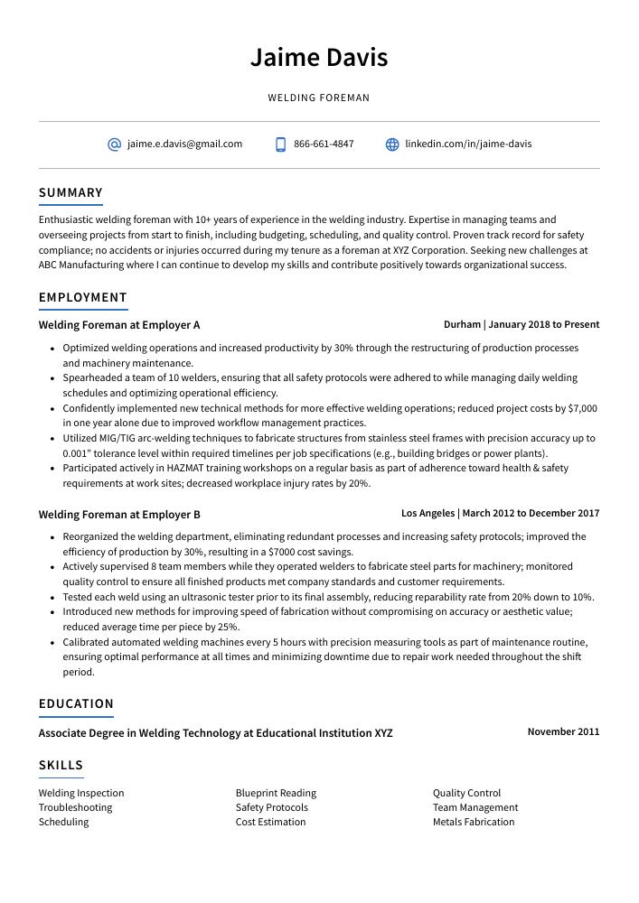 Welding Foreman Resume