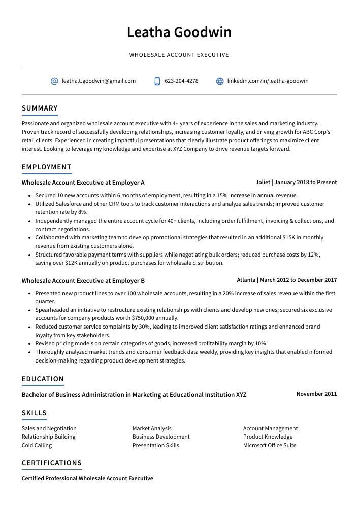 Wholesale Account Executive Resume