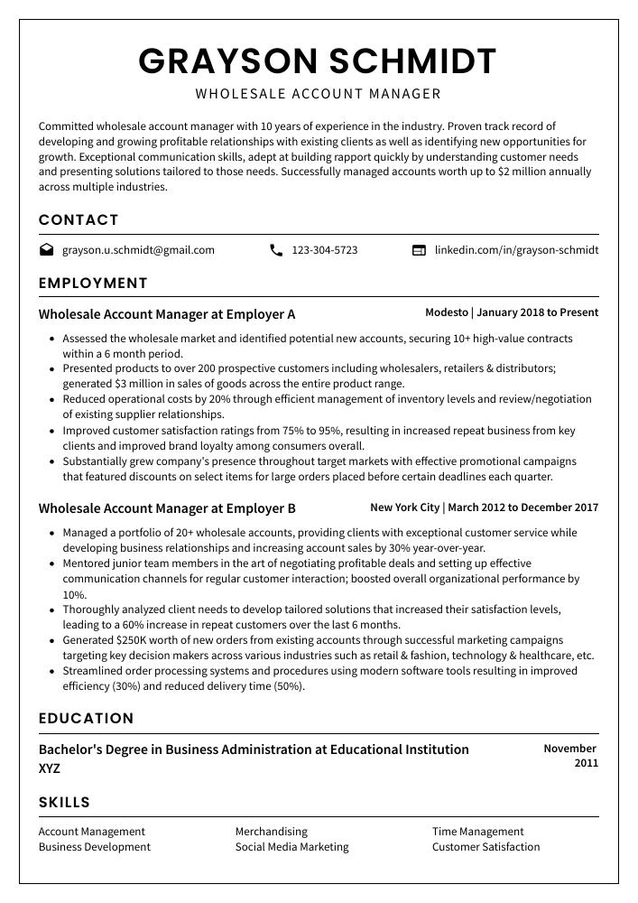 Wholesale Account Manager Resume