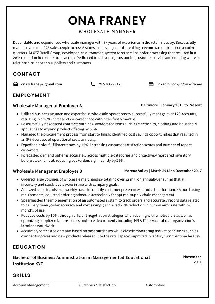 Wholesale Manager Resume