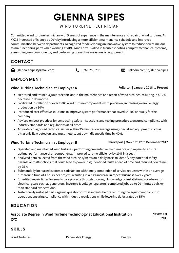 Wind Turbine Technician Resume