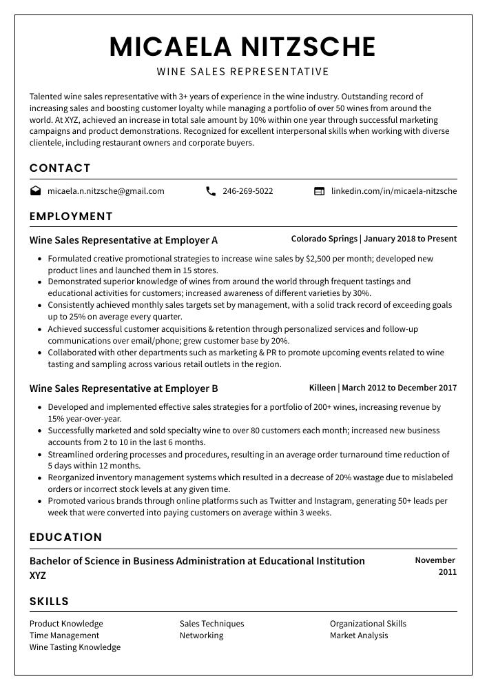 Wine Sales Representative Resume