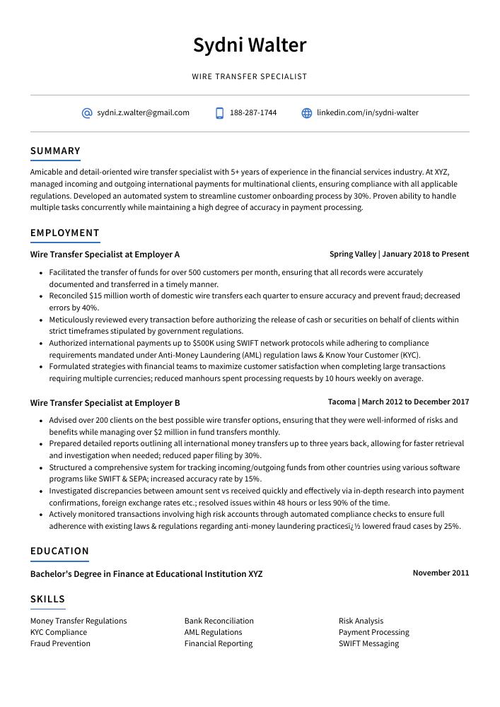 Wire Transfer Specialist Resume CV Example And Writing Guide