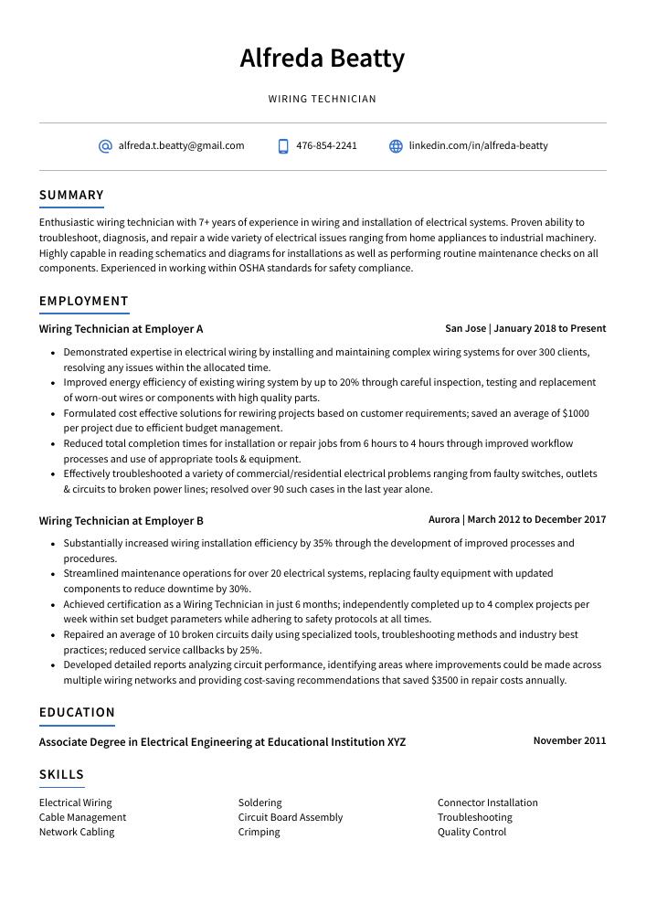 Wiring Technician Resume