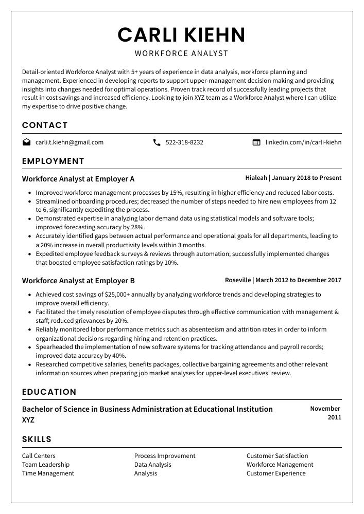 Workforce Analyst Resume