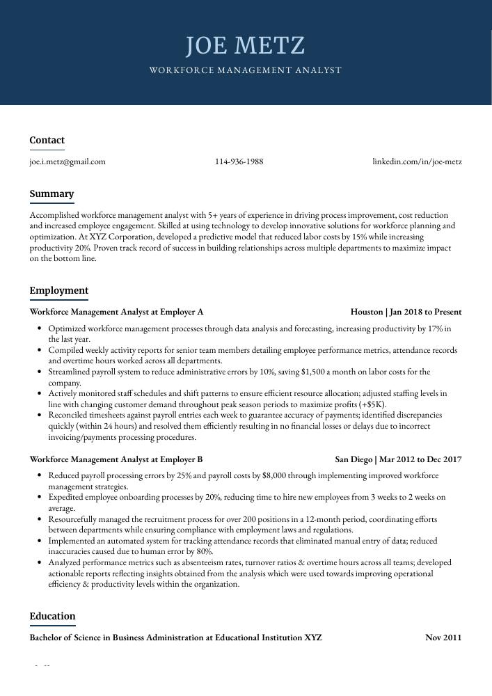 Workforce Management Analyst Resume