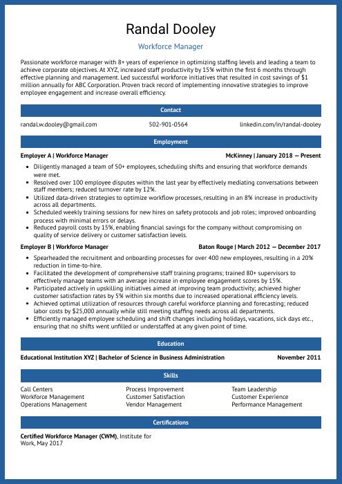 workforce management resume objective examples