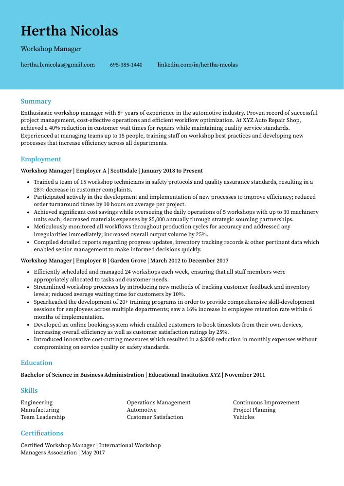 Workshop Manager Resume