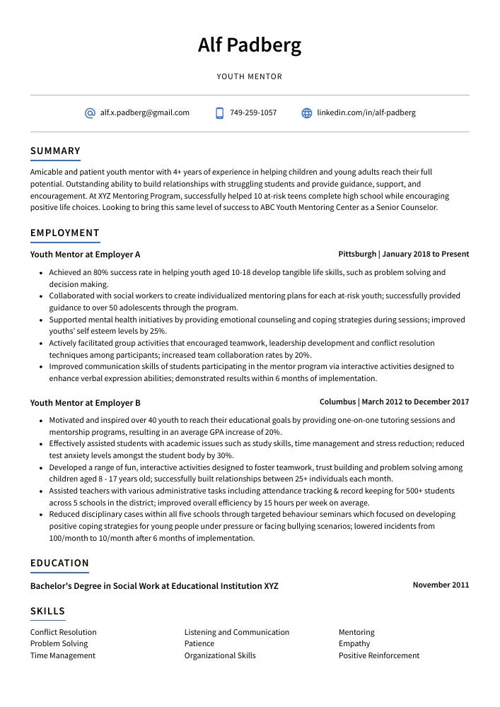 Youth Mentor Resume