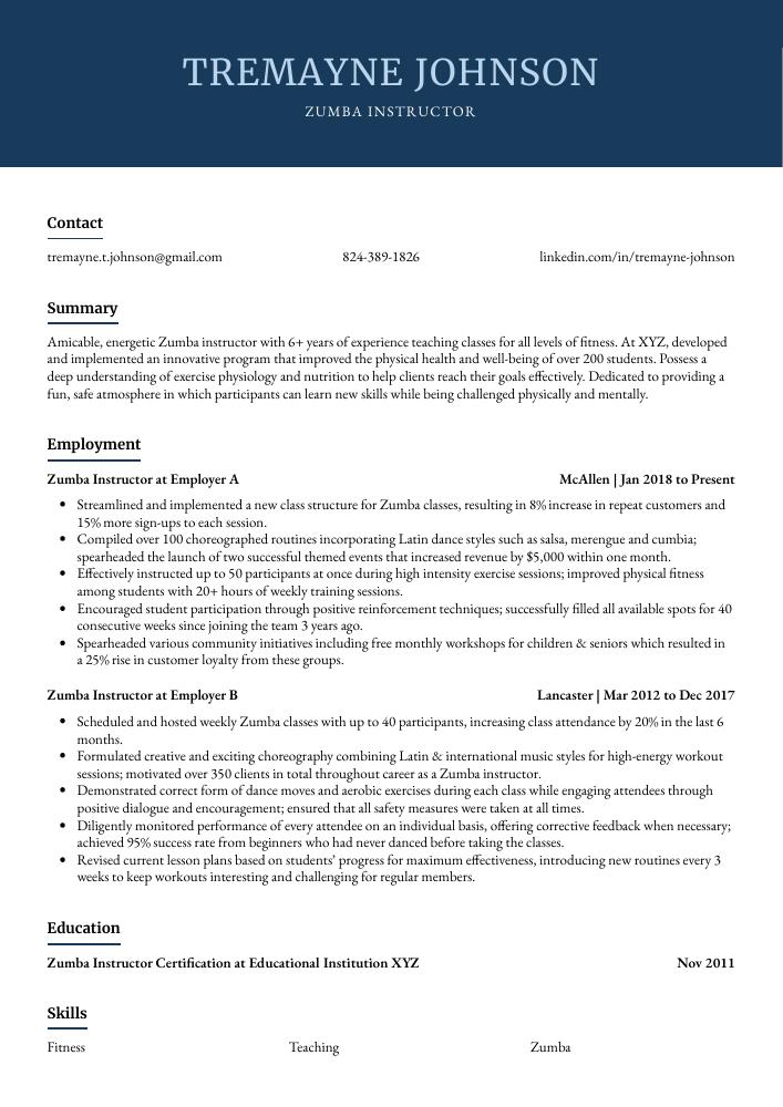 Zumba Instructor Resume (CV) Example and Writing Guide